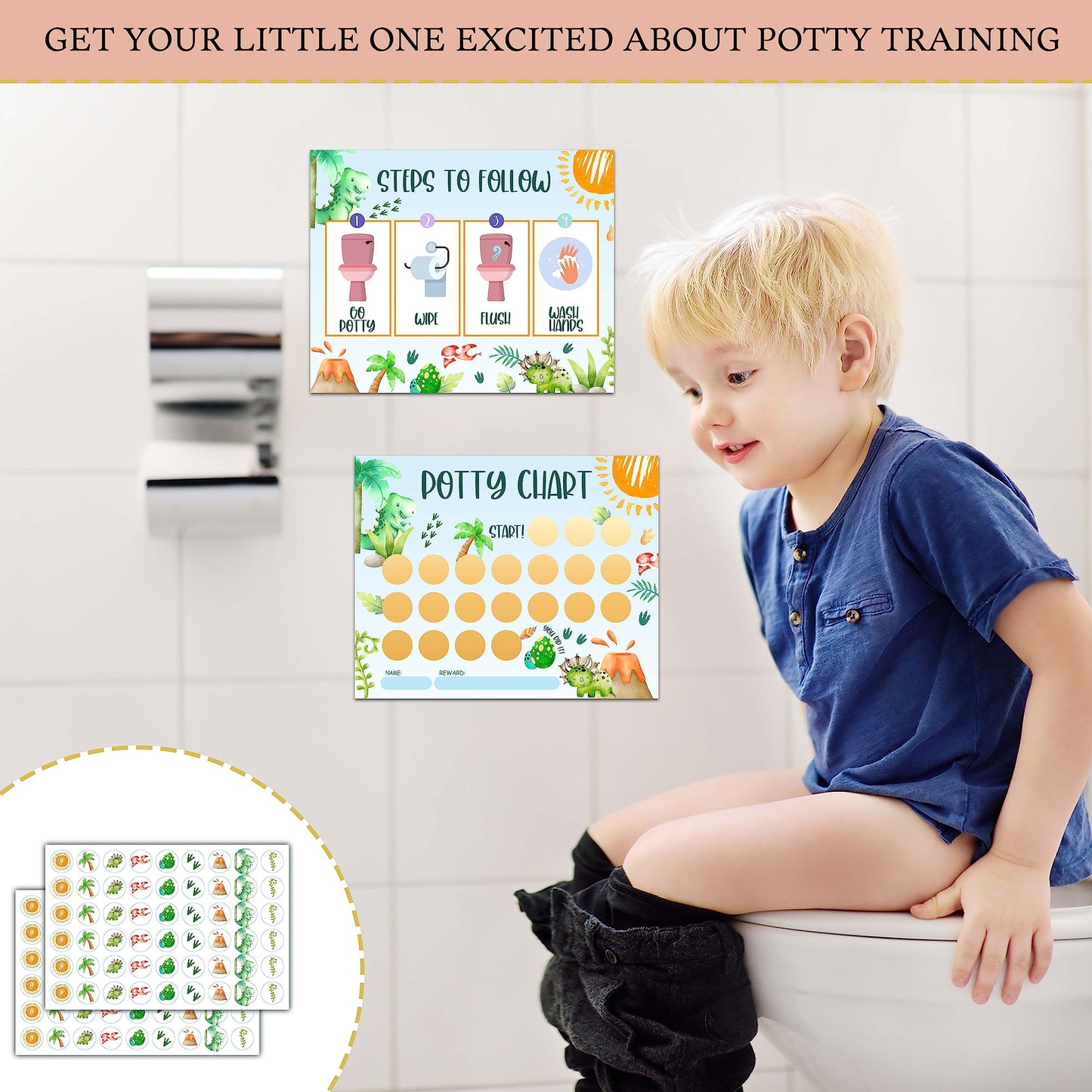 Dinosaur Potty Training Sticker Chart, 20 Potty Charts With 432 Round Stickers & 1 Instruction Sheet, Potty Reward Sticker Chart