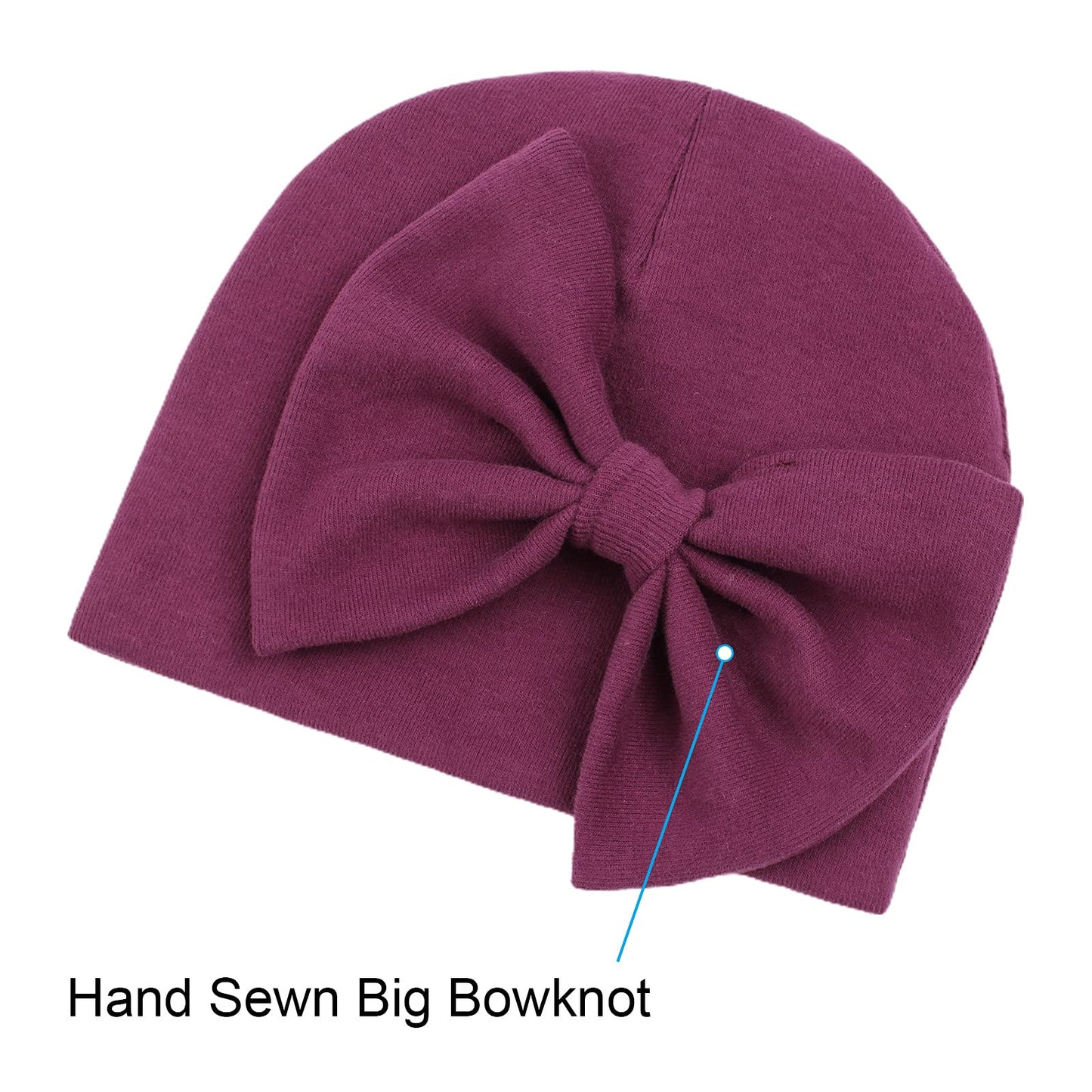 Newborn Baby Girl Hat Cotton Baby Bow Beanie Preemie Hats Spring Infant Hats For Girls 0-12 Months (Skin Pink+Deep Purple+White,