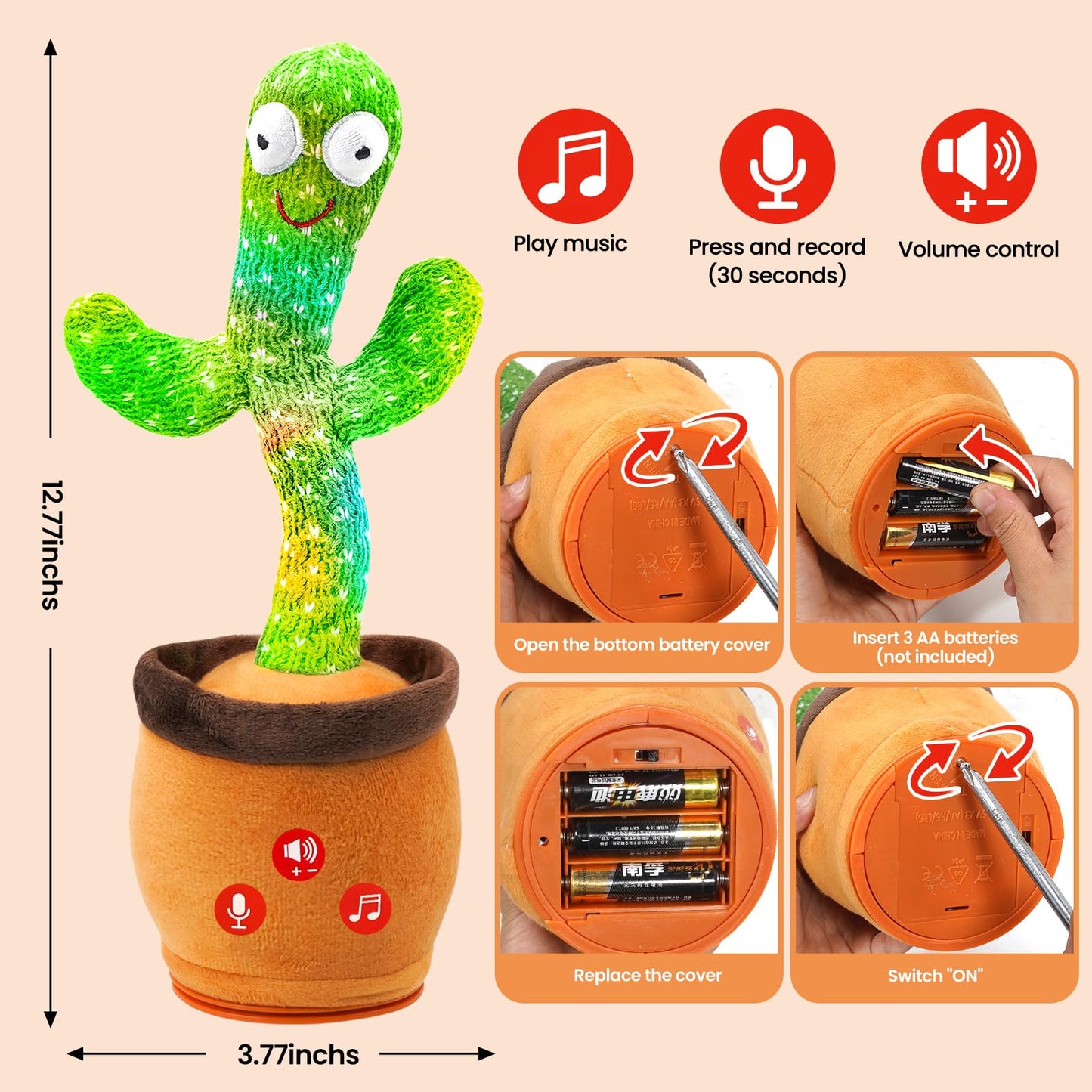 FAYOUCZ Updated Volume Adjustable Dancing Talking Cactus Toy for Baby Toddler, Mimicking Repeating Singing Interactive Cactus To