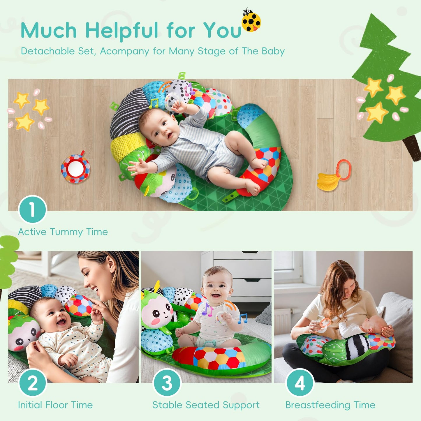 Saimand 3-In-1 Tummy Time Pillow For Baby 0-6 Months, Detachable Caterpillar Tummy Time Playmat For Newborns, Soft Baby Toys 0-3