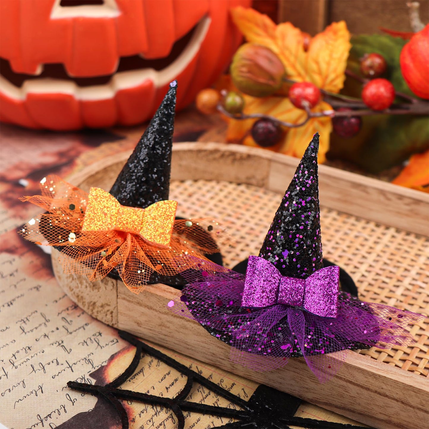 YanJie Halloween Headband for Infants Mini Witches Hat Glitter Nylon Headbands 3 Witch Hats with Orange Baby Bow Stretchy Head