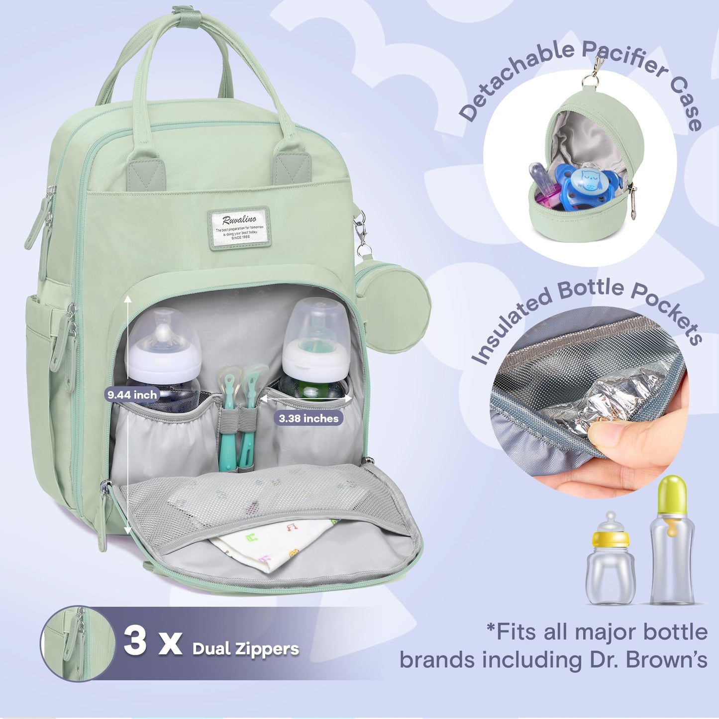 Ruvalino Diaper Bag Backpack, Multifunction Travel Pack Maternity Baby Changing Bags, Large Capacity, Waterproof, Mint Green