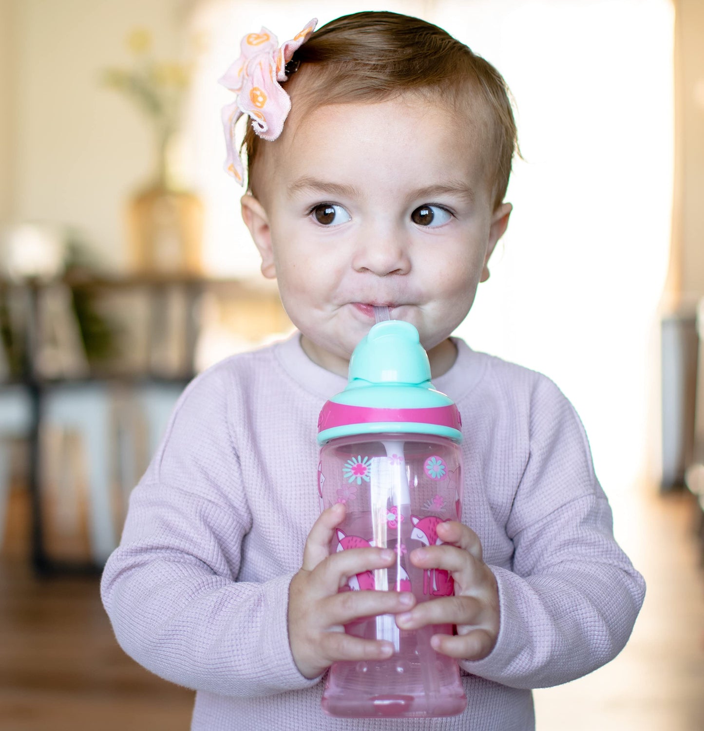 Nuby 2Pkthirsty Kids No-Spill Flip-It Printed Boost Cup With Thin Soft Straw - 12Oz, 18+ Months, 2Pack Print May Vary