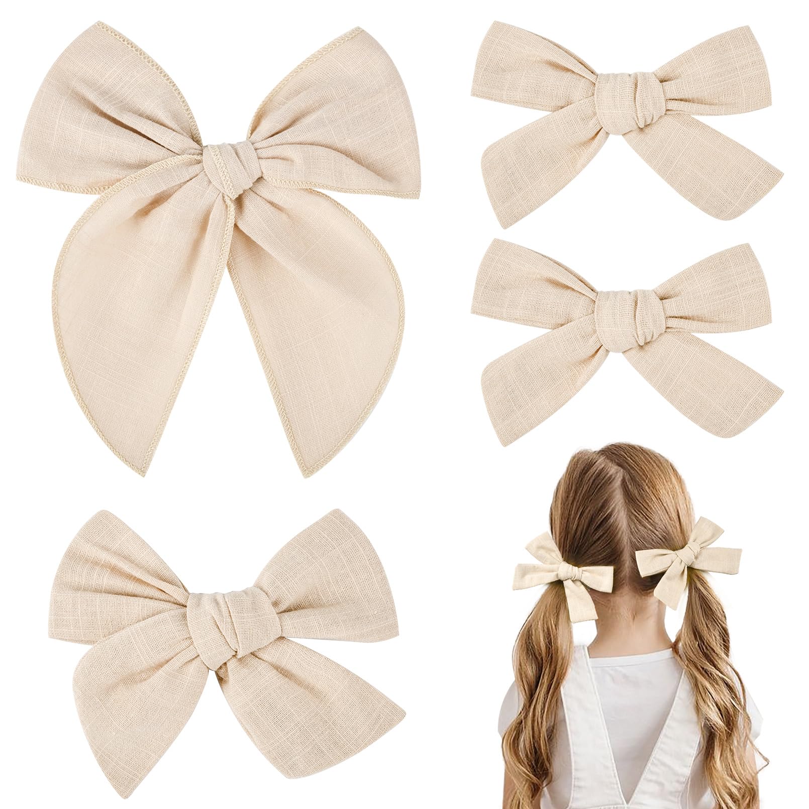 Deeka 4 Pcs White Cotton Linen Hair Bows 3 Styles 5' & 4' Handmade Hair Bow Set For Toddler Girls Alligator Hair Clips Knot Bo