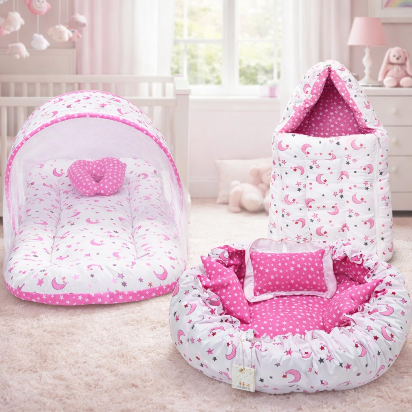 Infantbond Cotton Sleeping Essential Reversible Nest Mattress With Net Carry Bag For Baby (Moon Pink, 06 Months)