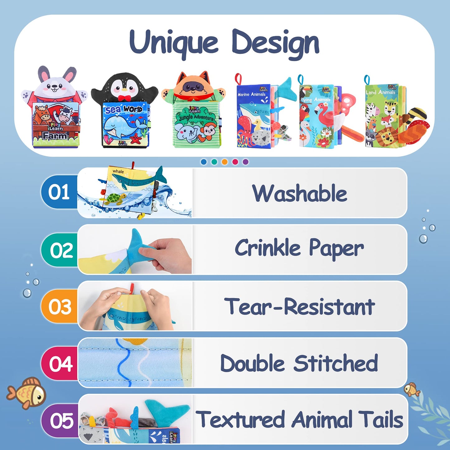 iPlay, iLearn Soft Baby Books 1 Year Old, Babies Animal Cloth Book 6-12 Month, Infant Touch Feel Crinkle Book, Toddler Carseat C