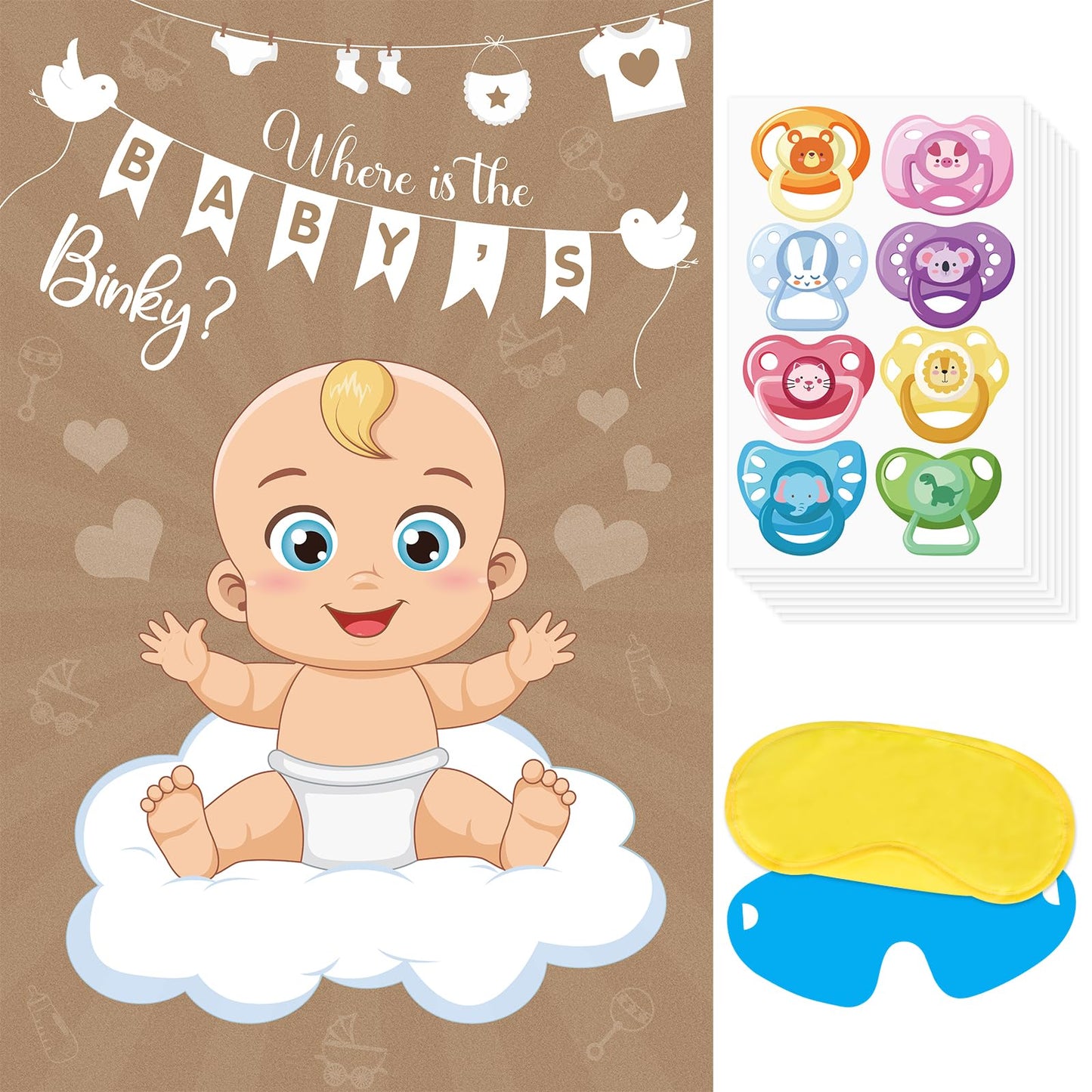 Atiloy Pin The Pacifier On The Baby Game Baby Pacifier Games Poster With 64 Pacifier Stickers For Baby Shower Party Favors, Boys