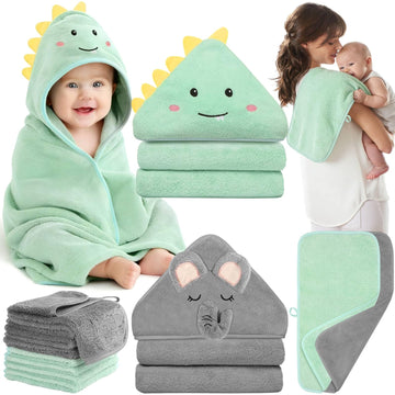 Flasoo 12 Pcs Baby Towel Set, Soft Baby Bath Towels and Washcloths Set, 2 Pcs 32x32 in Cute Baby Towel with Hood, 2 Pcs Baby Bur
