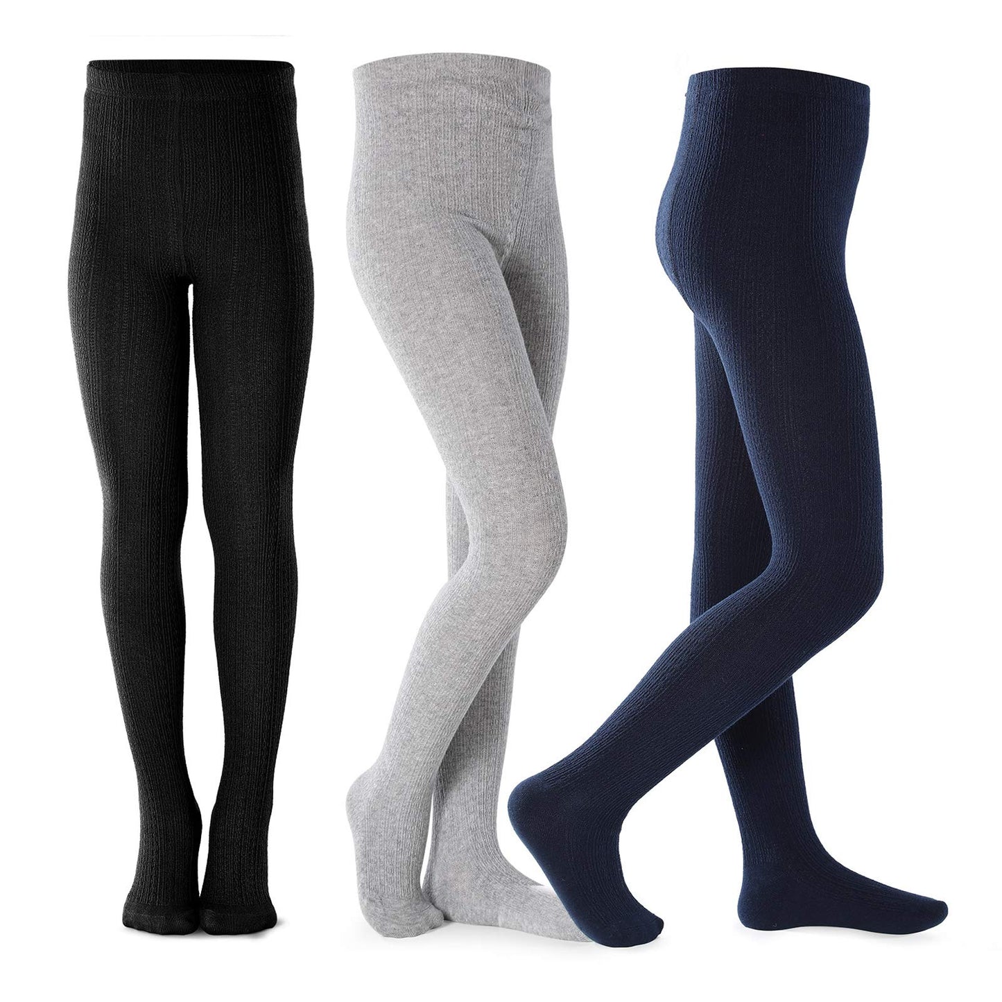 Petrass Girls Tights Toddler Cable Knit Cotton Footed Seamless Dance Ballet Baby Girls Leggings 3 Pack Greyblacknavy 5-6Y