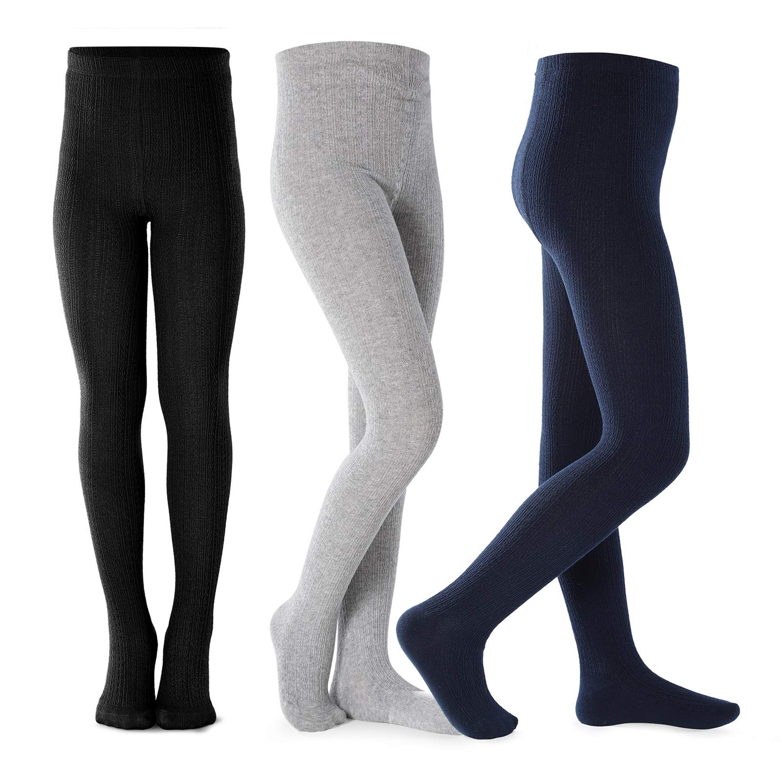 Petrass Girls Tights Toddler Cable Knit Cotton Footed Seamless Dance Ballet Baby Girls Leggings 3 Pack Greyblacknavy 5-6Y