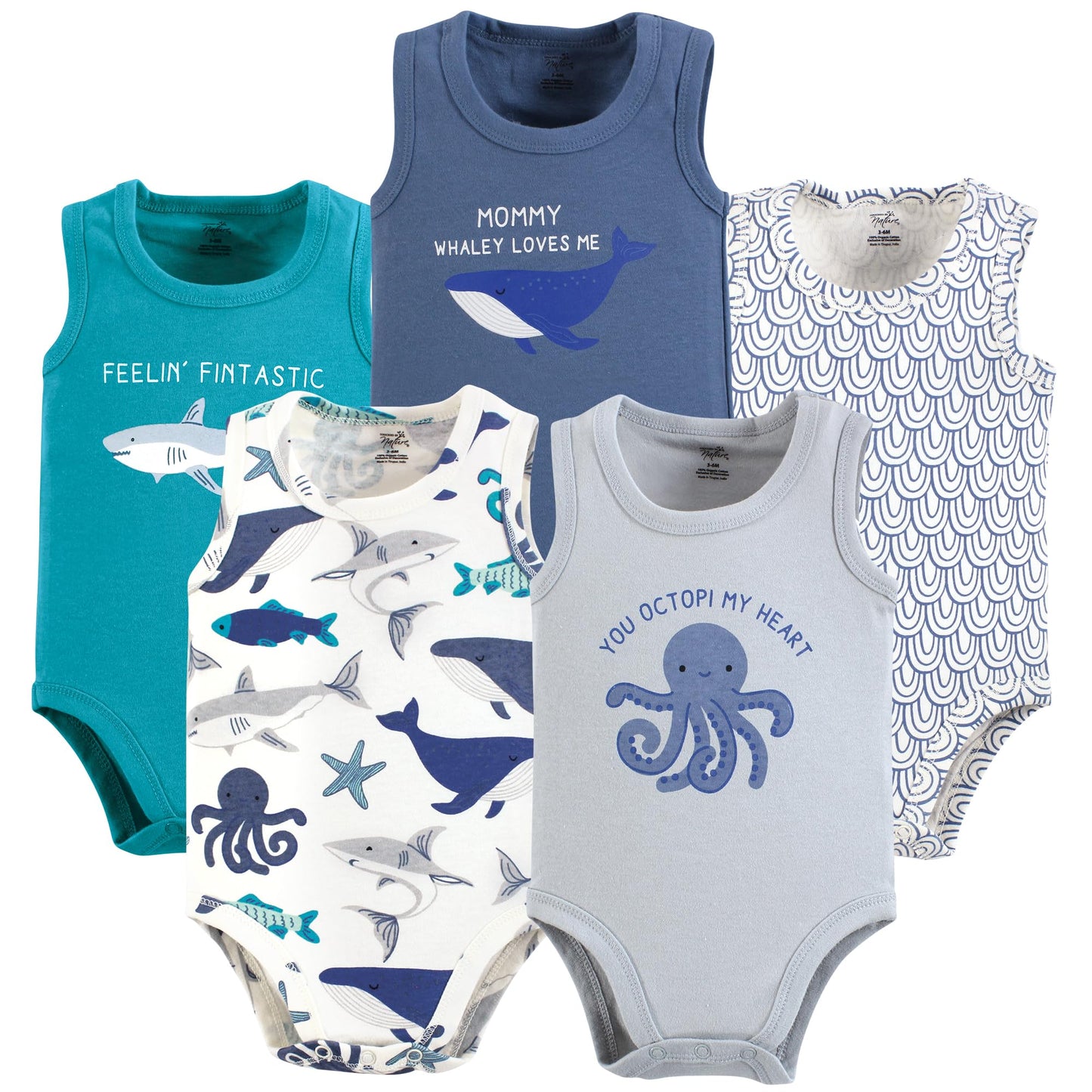 Touched By Nature Unisex Baby Organic Cotton Bodysuits, Mystic Sea, 3-6 Months