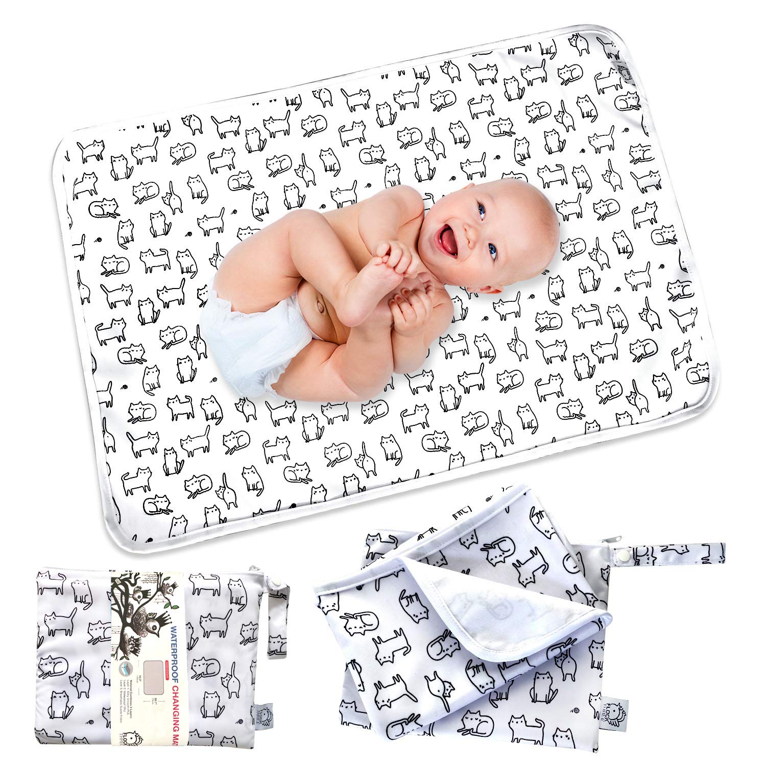 Flock Three Waterproof Baby Diaper Changing Pad With Storage Bag (43.3' X 28.7') Washable Wipeable Reusable Leak Proof Diaper