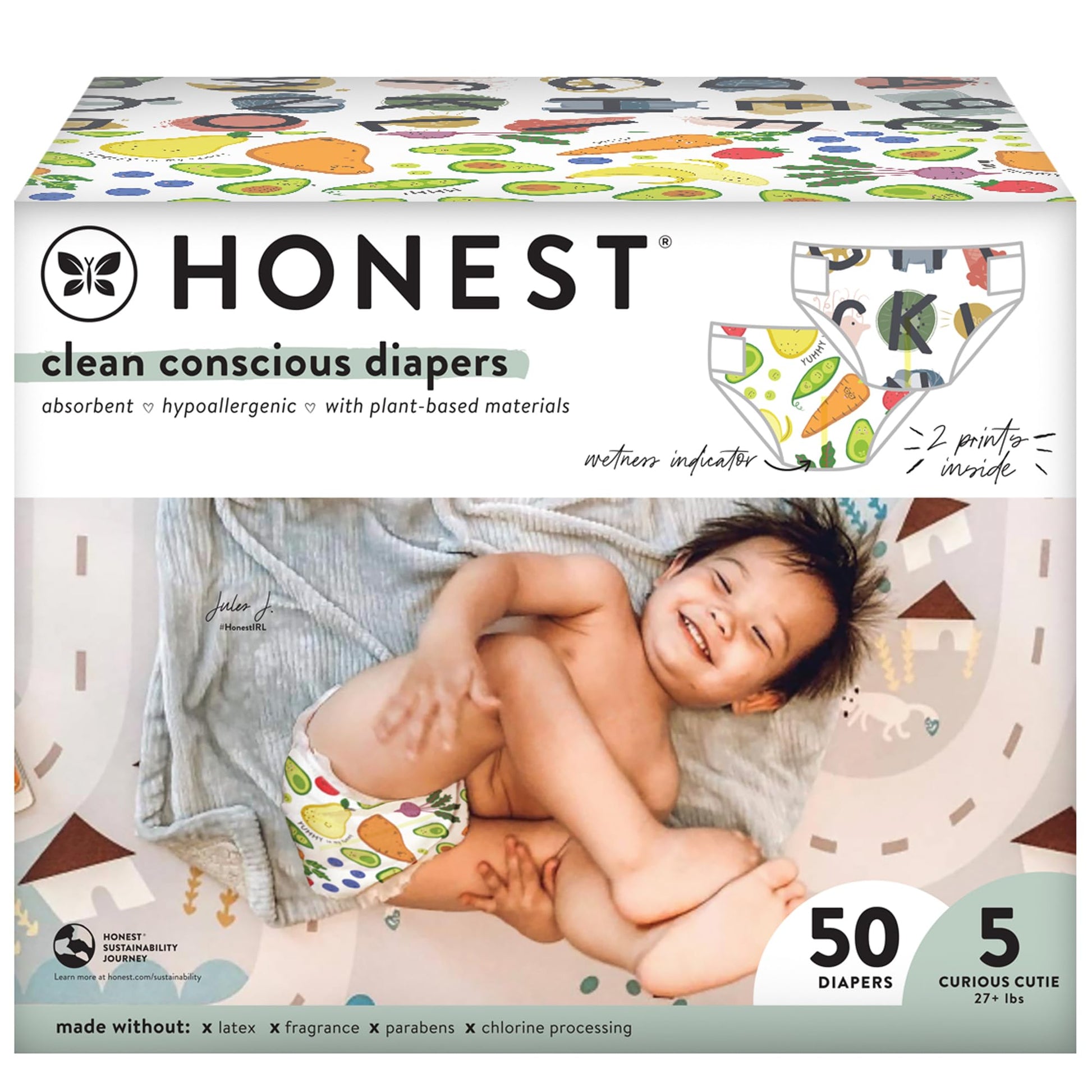 The Honest Company Clean Conscious Diapers | Plant-Based, Sustainable | So Delish + All The Letters | Club Box, Size 5 (27+ lbs)