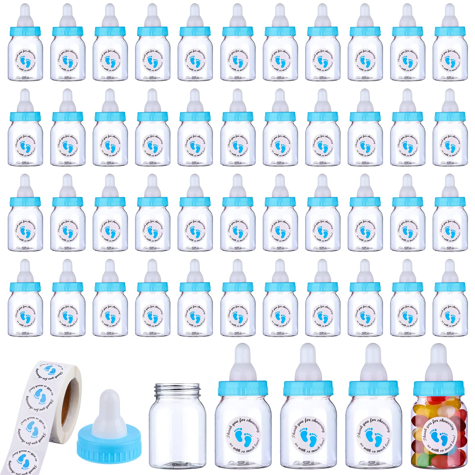 62 Pcs 3.5 Inch Baby Mini Milk Bottle Baby Shower Favor With 500 Adhesive Thank You For Showering Stickers, Small Plastic Candy