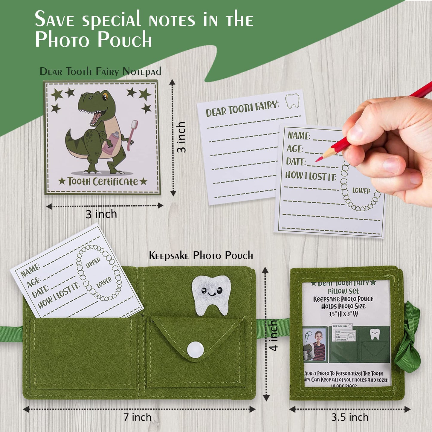 Dinosaur Tooth Fairy Pillow Boy-Tooth Fairy Kit W/Notepad & Keepsake Photo Pouch-Felt Tooth Fairy Box - Dear Tooth Fairy Notepad