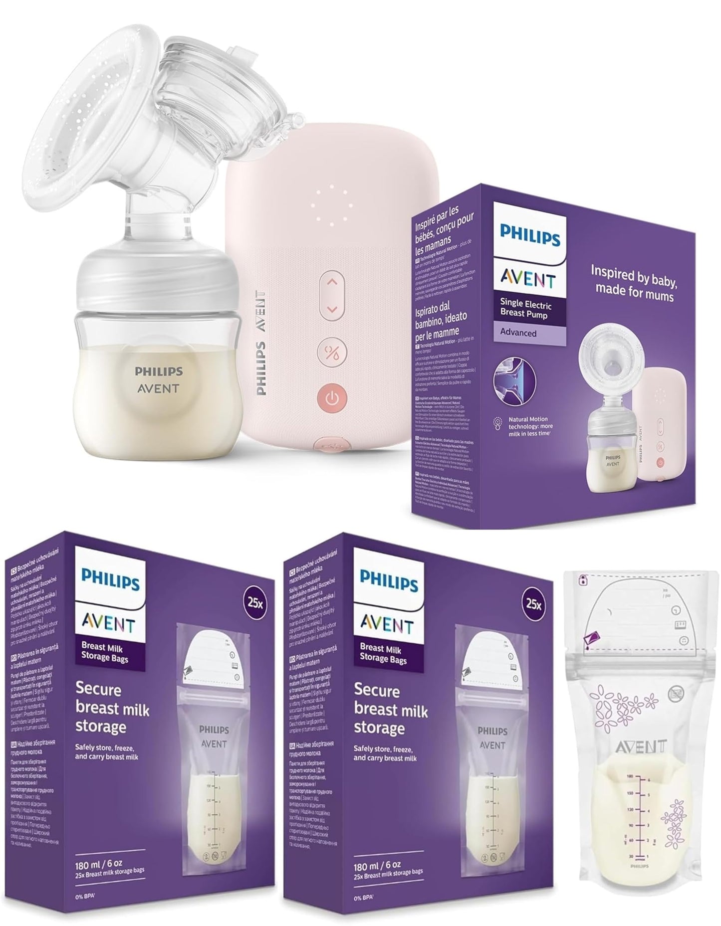 Philips Avent Electric Single Breast Pump And Store Set | Personalised Experience, Flexible Silicone Cushion,Pink, White | 50 Re