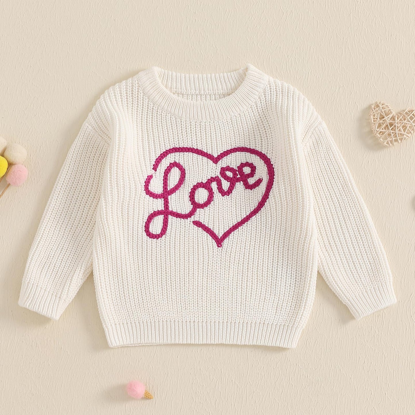 Nokpsedcb Baby Girl Cute Long Sleeve Heart Flowers Embroidery Oversized Sweater Toddler Valentine Outfit (White Love, 2-3 Years)