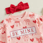 Dcohmch Baby Girl Valentines Day Outfit Long Sleeve Heart Bow Print Romper With Headband Newborn Valentine Clothes (Pink, 12-18