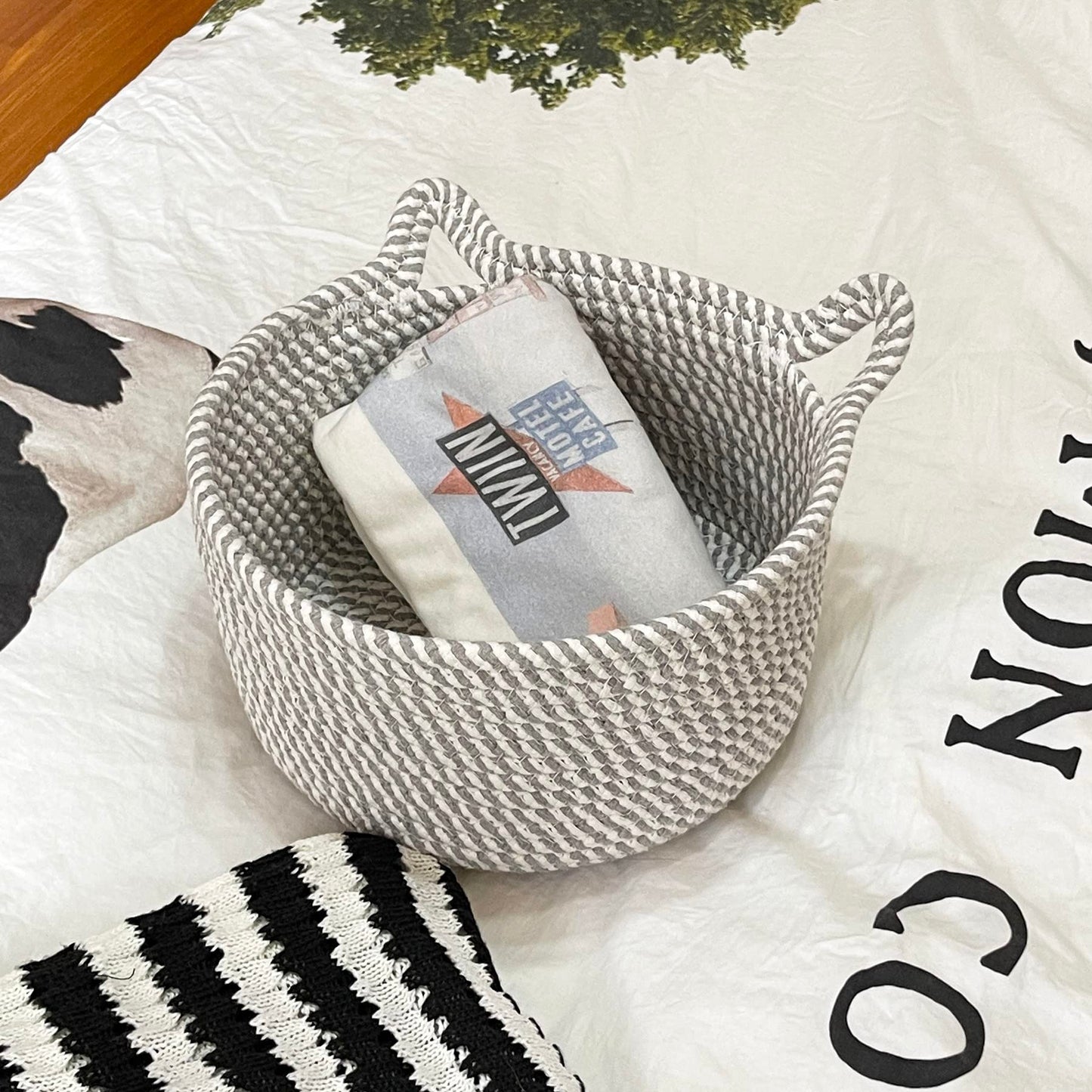 Small Woven Baskets | Mini Storage Bins | Cotton Rope Baby Nursery Organizers | Cute Round Cat Ears Basket For Organizing Desk D