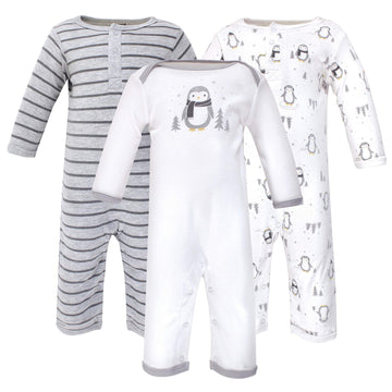 Hudson Baby Baby Girls Cotton Coveralls And Toddler T Shirt Set, Gray Penguin, 3-6 Months Us