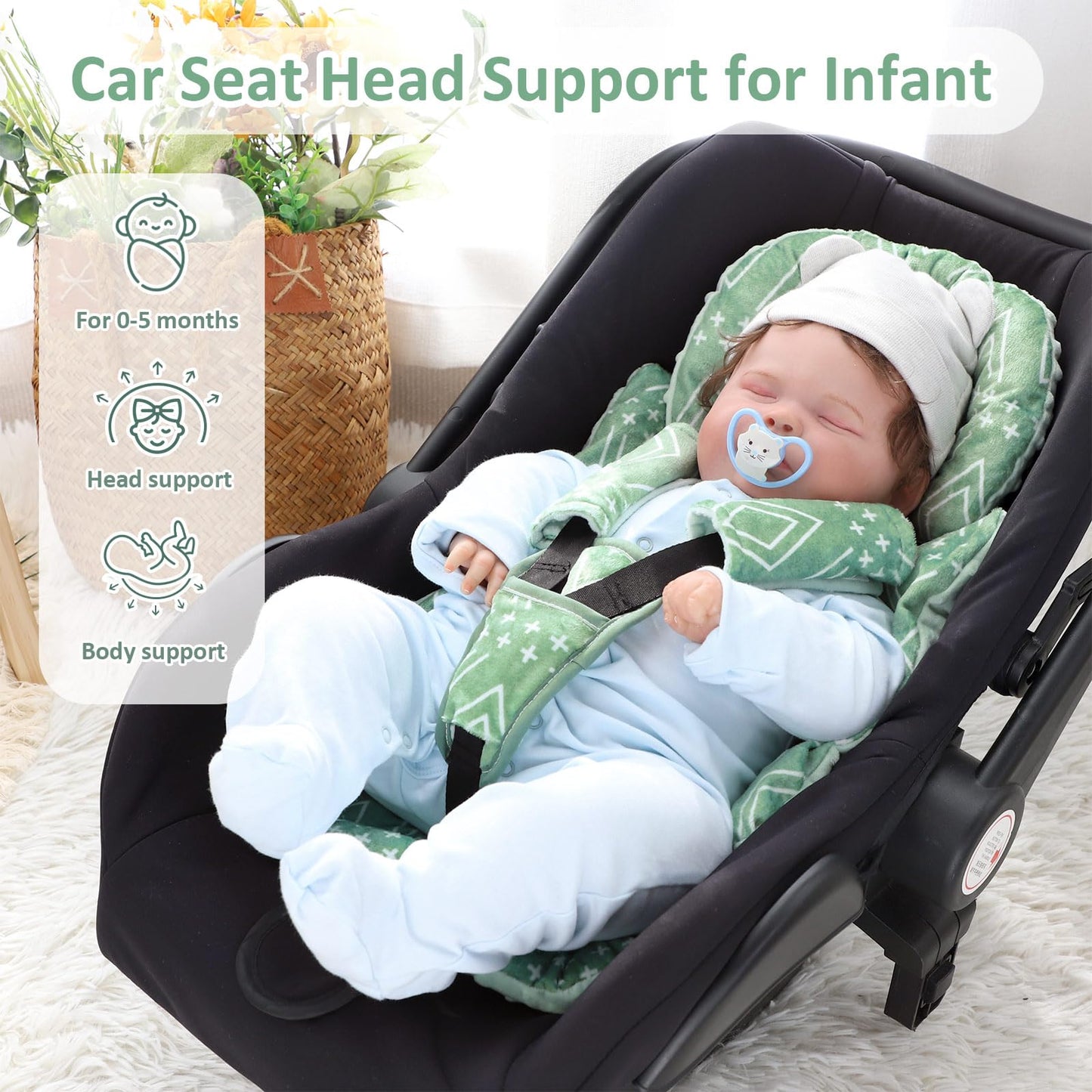 Tanofar Car Seat Head Support Baby - Infant Car Seat Insert For Newborn Girls Boys - Soft Carseat Head Support For Infant - Newb