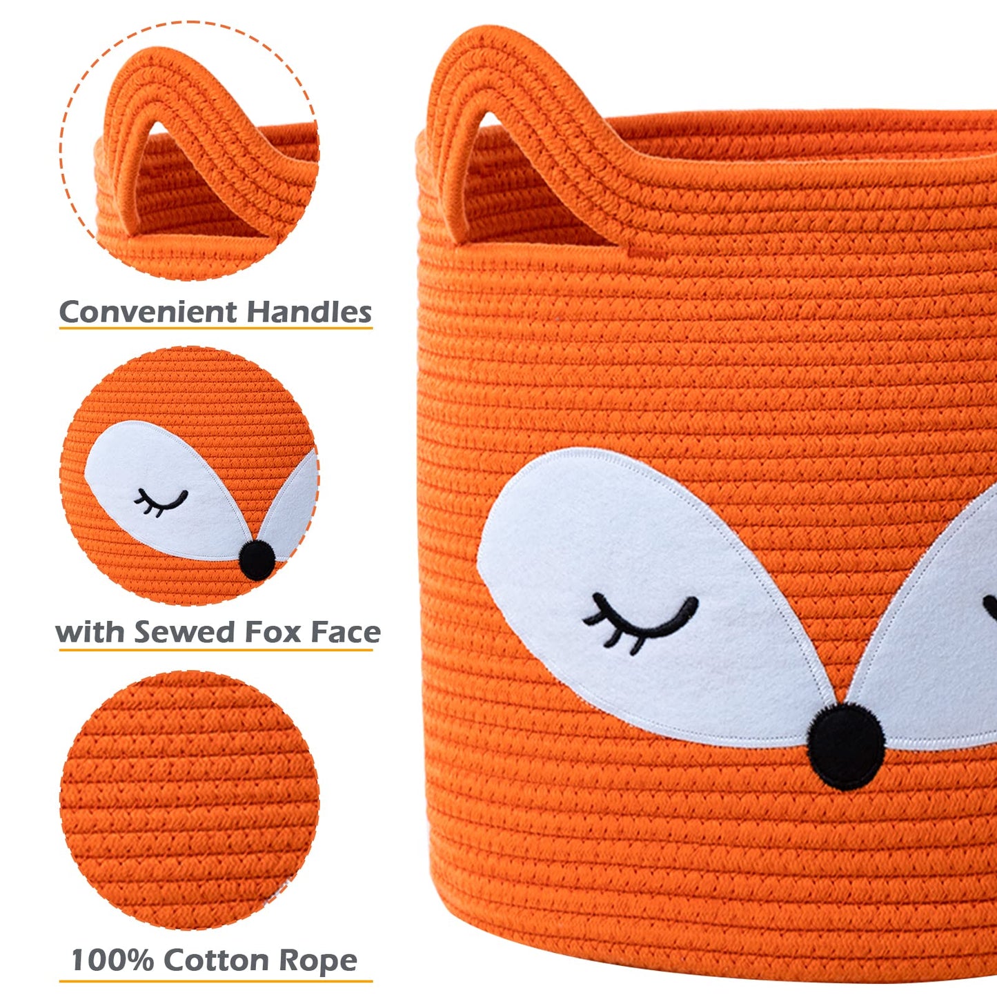 Vk Vkliving Fox Toy Basket Cotton Rope Animal Baskets Orange Laundry Hamper For Toys, Clothes,Gifts,Towels, Blankets, Empty Gift