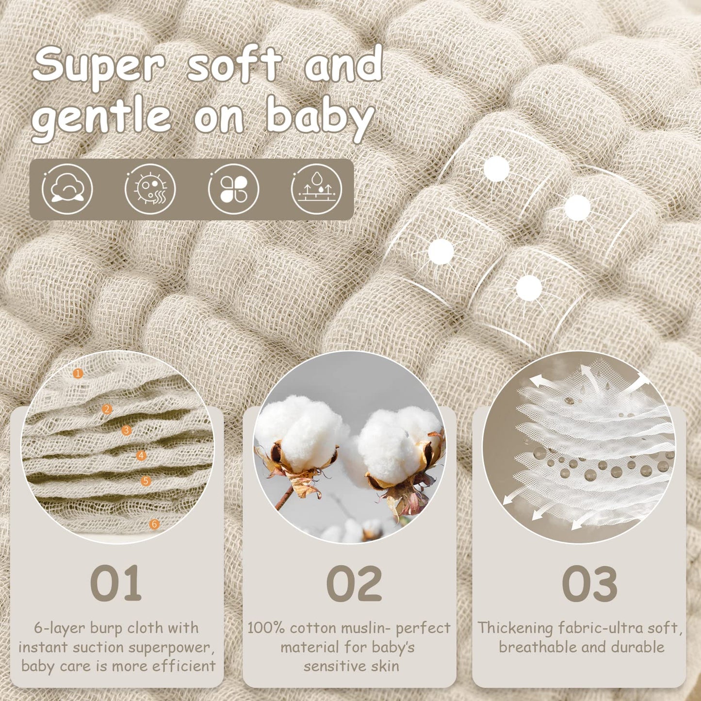 Looxii Muslin Burp Cloths 6 Pack - 20  x 10  - Ultra Soft & Absorbent, 6-Layer 100% Cotton for Spit Up & Drool- Gentle Neutral B