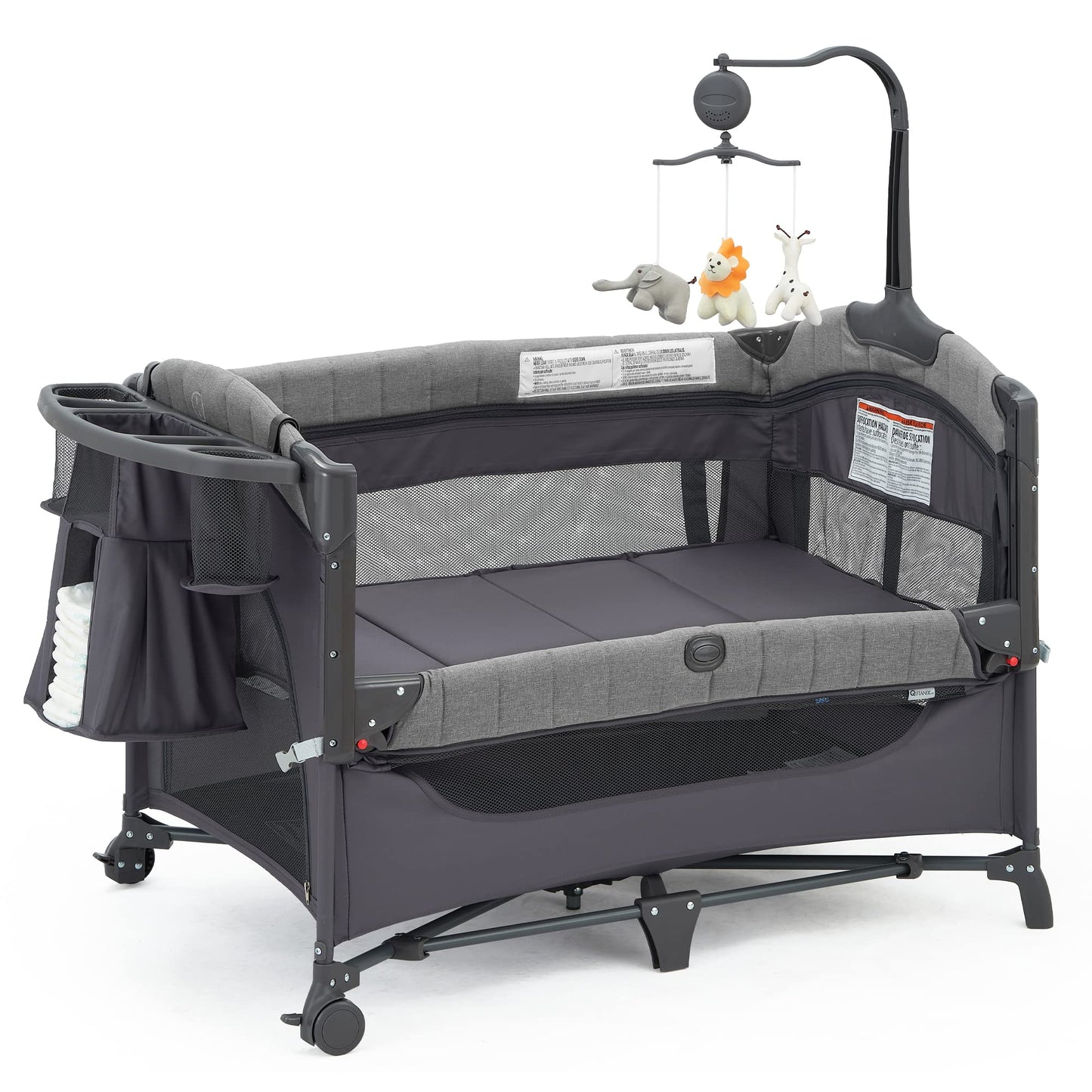 Qutanix Baby Bedside Bassinet Sleeper,5-In-1 Pack And Play With Full-Size Bassinet,Baby Playard With Changing Table,Storage Shel