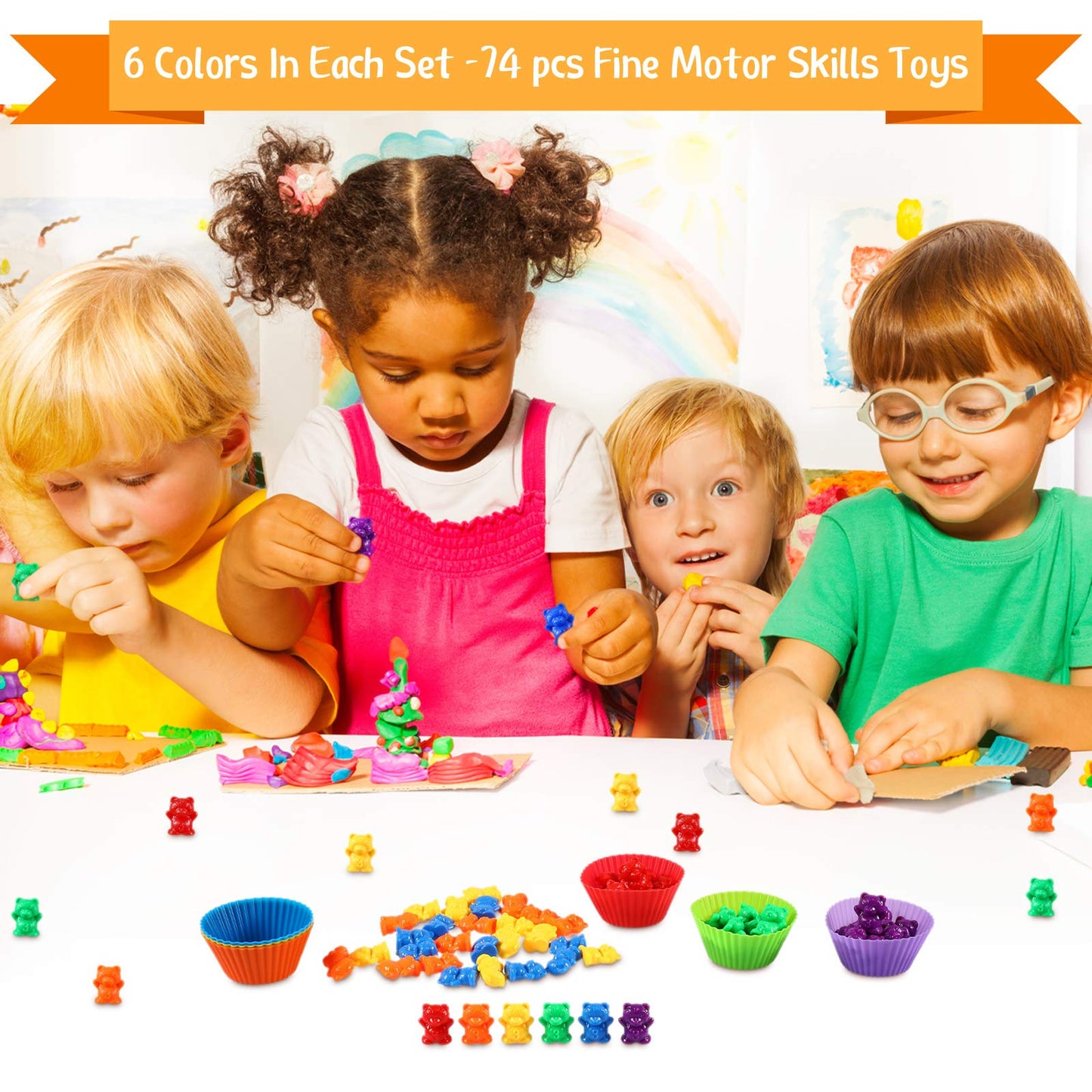74 Pieces Counting Sorting Bears Fine Motor Skills Handy Scoopers Set Includes 60 Cute Rainbow Sorting Bears, 6 Jumbo Tweezers,