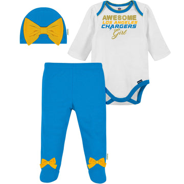 Nfl Baby Girls' 3Pc Bodysuit, Footed Pant, & Cap Set, Los Angeles Chargers, 3-6 Months