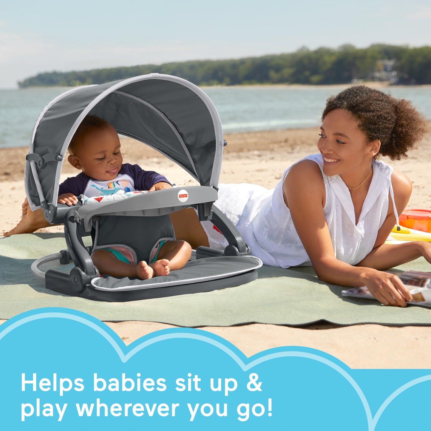 Fisher-Price Travel Baby Chair On-The-Go Sit-Me-Up Floor Seat With Snack Tray And Canopy For Outdoor Use, Arrows Away