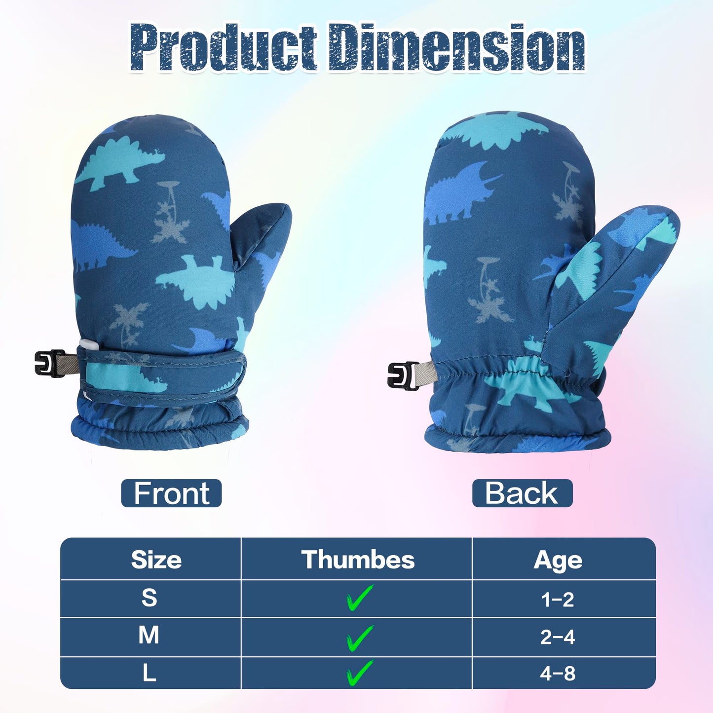Fynnsure Toddler Mittens Baby Waterproof Snow Gloves Kids Ski Snow Gloves Cold Weather Mittens For Boys Girls Blue Dinosaur 1-2