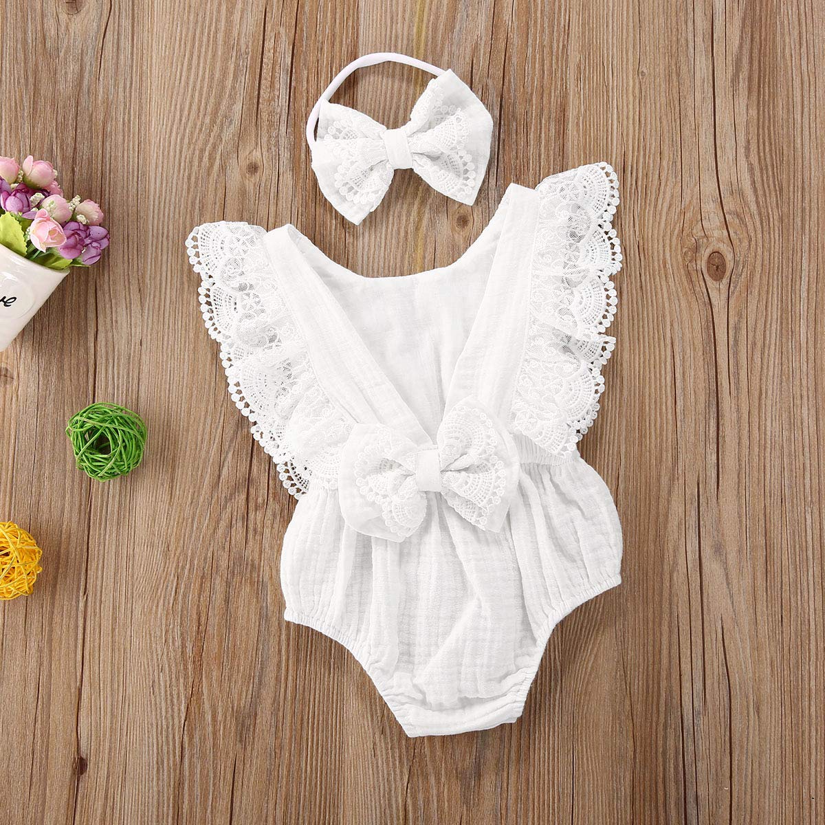 Infant Baby Girl Lace Rompers V-Back Bowknot Bodysuit Cute Newborn Ruffle Clothes White (White, 6-12 Months)