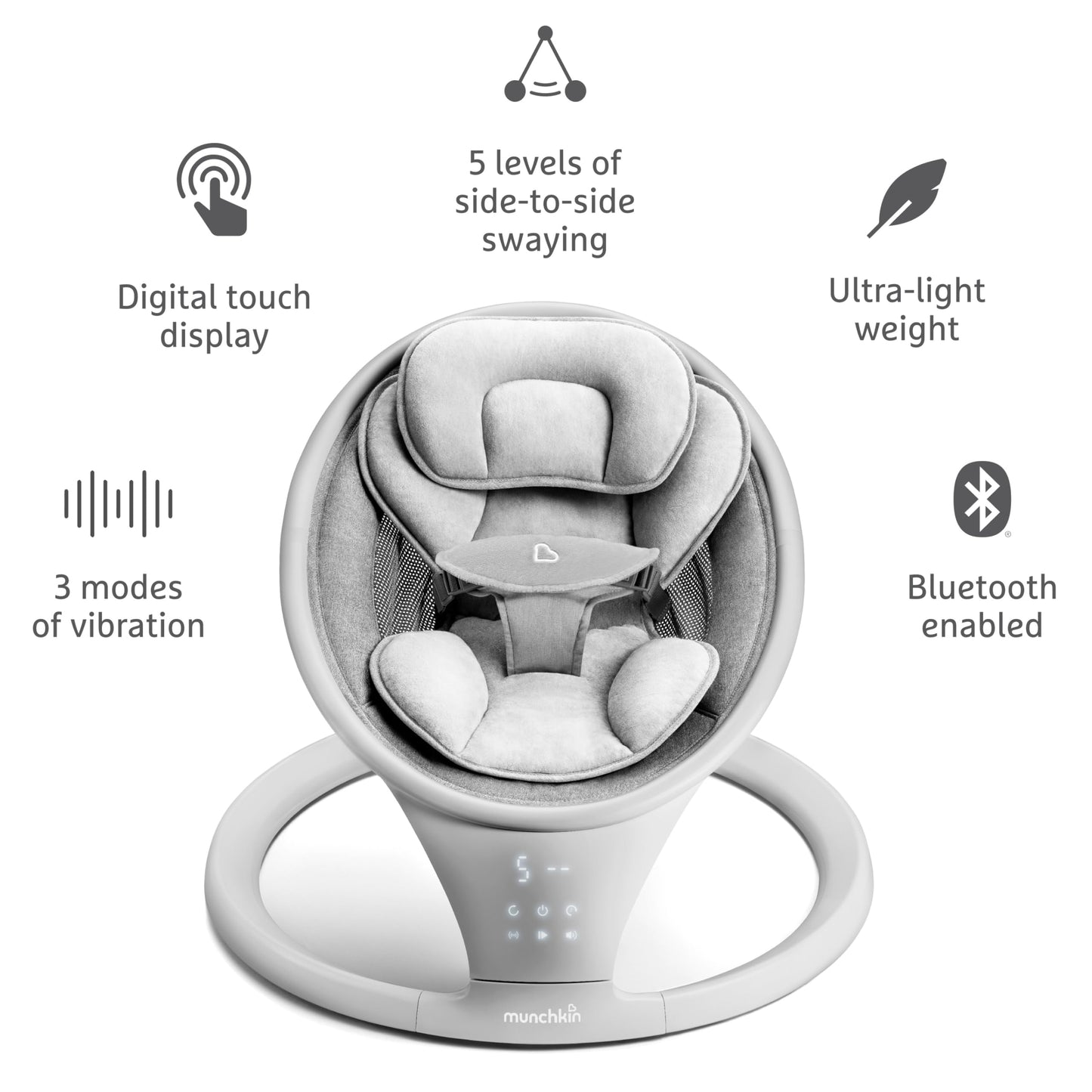 Munchkin Vibration Baby Swing, Light Grey - Bluetooth-Enabled Smart Seat With Music, Motion, And Sounds