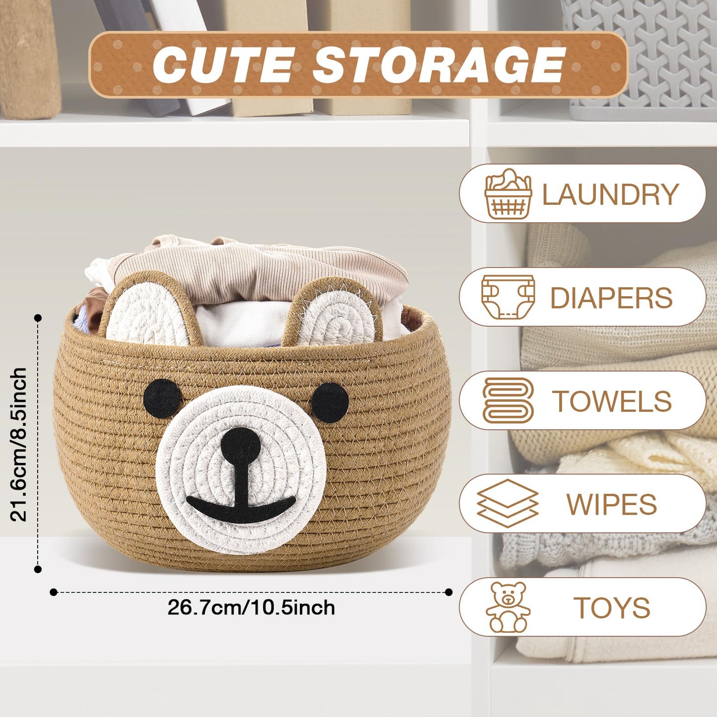 Zopeal Baby Basket For Nursery With Gift Bags And Ribbons Cotton Rope Woven Bear Gift Basket With Handles For Living Room Bathro