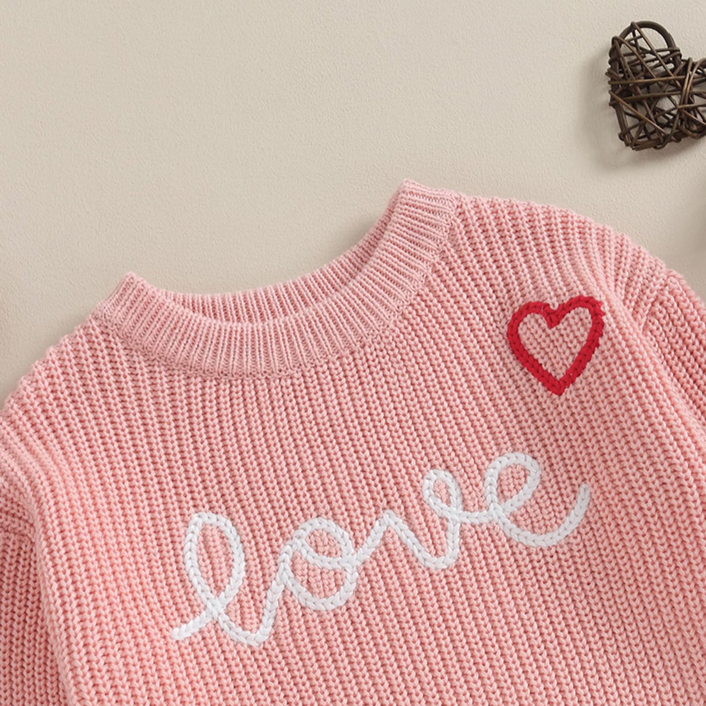Baby Girl Cute Long Sleeve Crew Neck Love Embroidery Sweater Toddler Valentine Day Outfits (Pink Love Heart, 2-3 Years)
