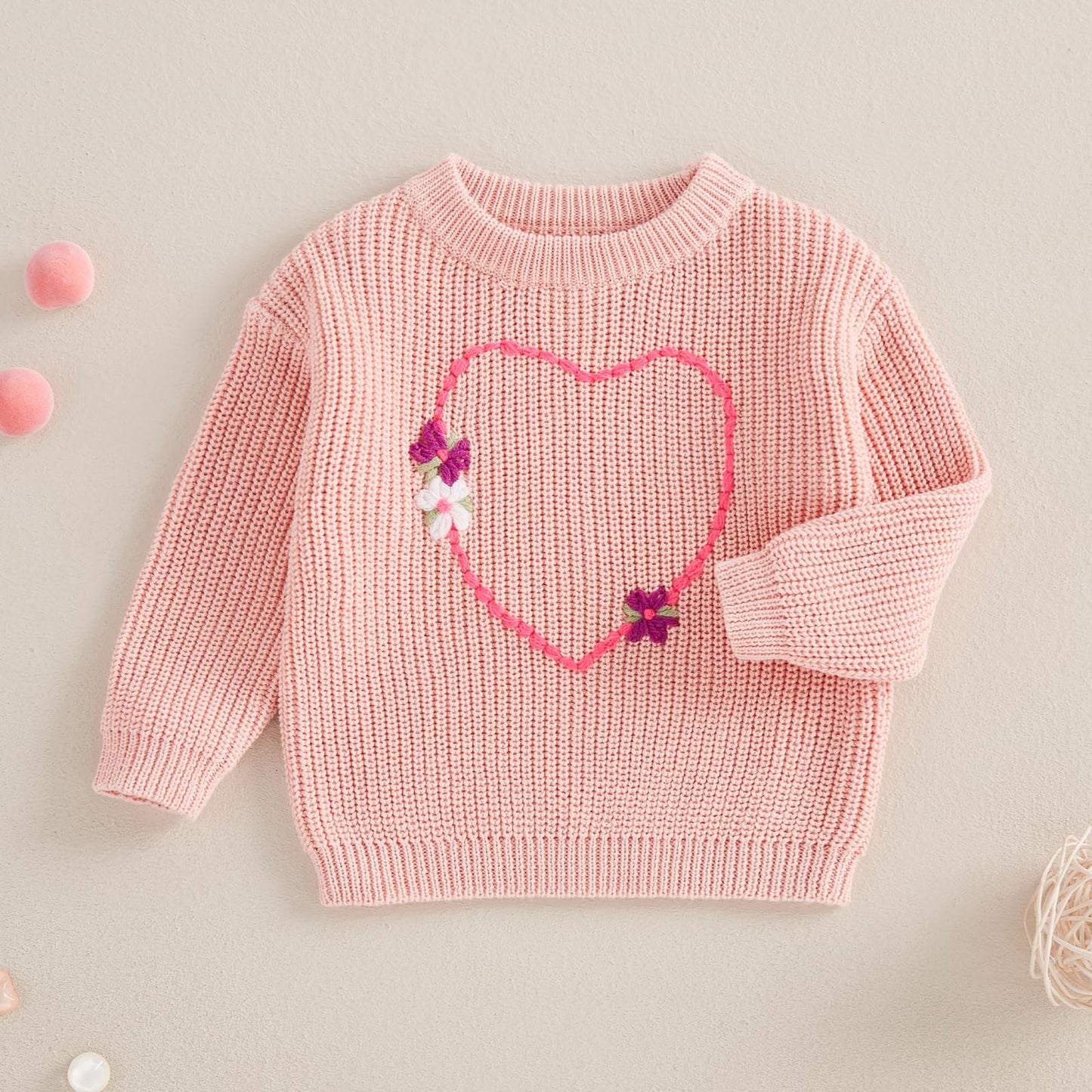 Nokpsedcb Baby Girl Cute Long Sleeve Heart Flowers Embroidery Oversized Sweater Toddler Valentine Outfit (Pink, 9-12 Months)