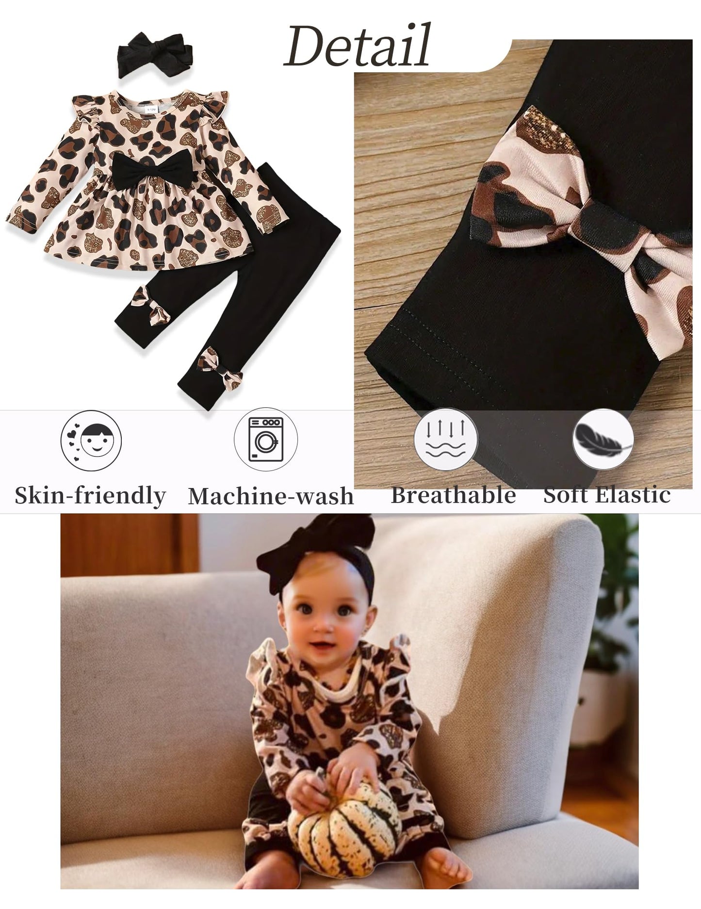 12 Month Girl Clothes Baby Girl Clothes Toddler Girl Outfits Fall Cute Ruffle Leopard Shirt +Solid Black Pants Set Infant Winter
