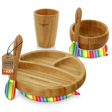 NutriChef Baby Feeding Plate & Bowl, Wooden Suction Plate and Bowl Infant Toddler Dish, Cup, and Spoon Set with Silicone Suction