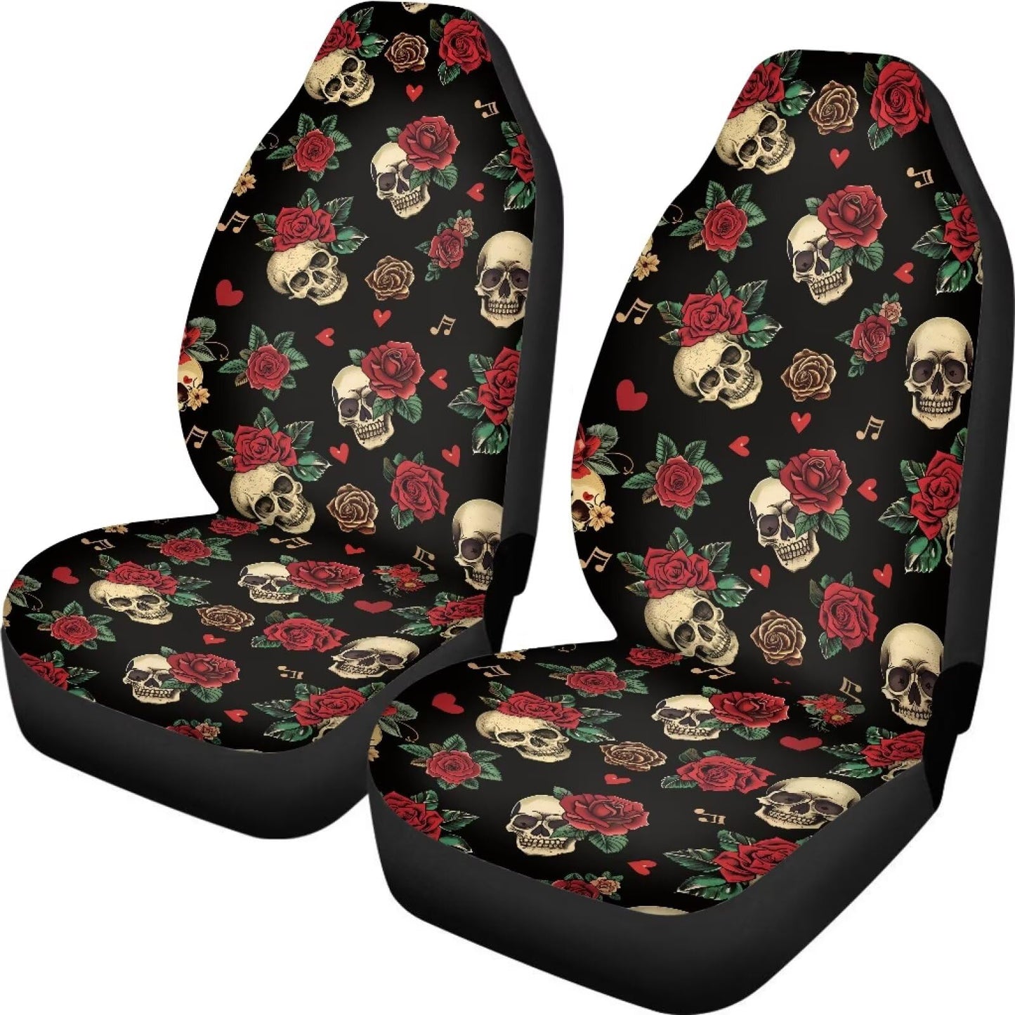 Whosucclay Rose Skull Car Seat Covers for Front Seats Only, 2 Packs Car Accessories, Automotive Cushion Protector Universal Fit 