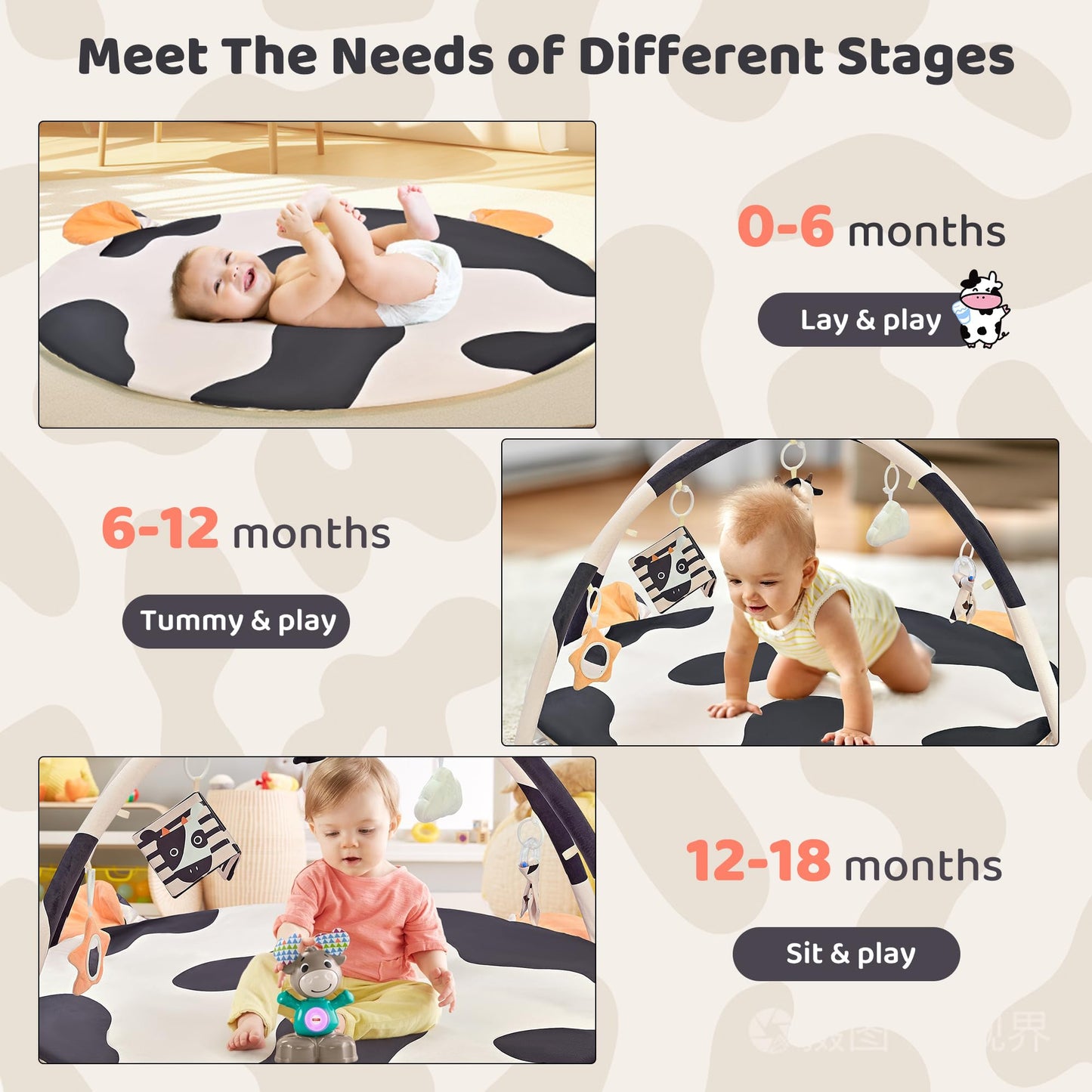 2Pm Sports Cow Theme Baby Play Mat, Tummy Time Mat For Infant Newborn, Baby Play Gyms & Playmats For 0-3 3-6 6-12 Months, Activi