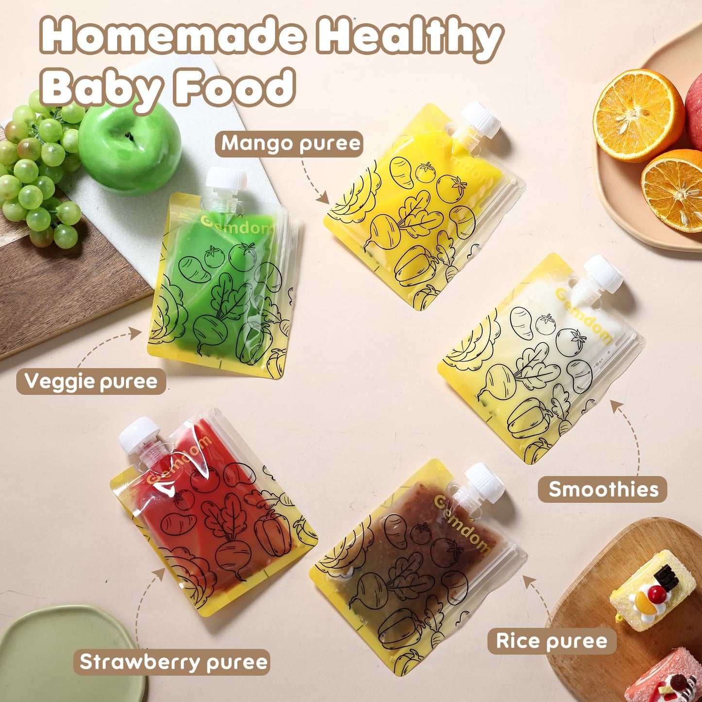 Gemdom 20 Pack Reusable Baby Food Pouches For Toddlers, Refillable Squeeze Pouch For Applesauce Yogurt Homemade Organic Puree Ju