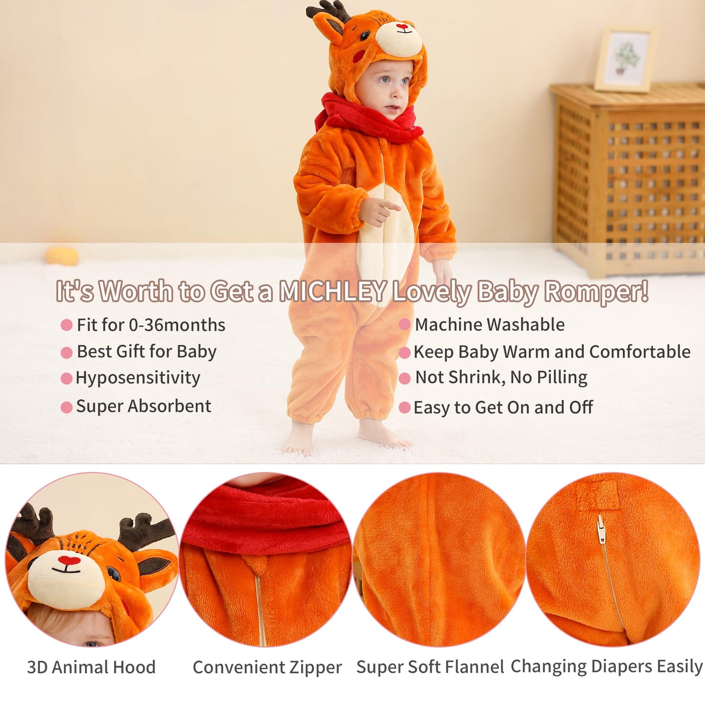 Michley Baby Gilrs Boys Romper With Hood Soft Flannel Halloween Animal Onesie Outfit 2-5 Months, Deer, Size 70