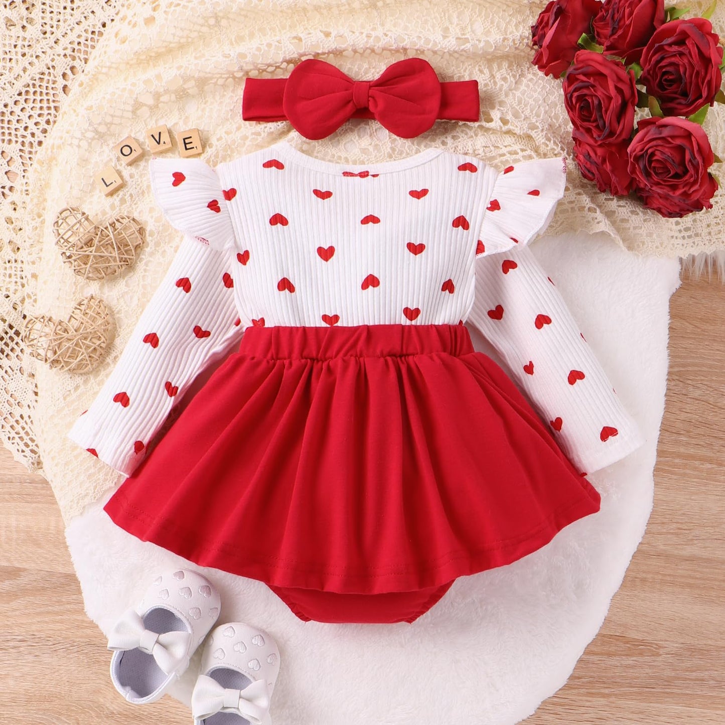 Valentine Baby Girl Outfit Heart Print Ribbed Long Sleeve Newborn Valentines Day Romper Dress Headband Set (White, 0-3 Months)