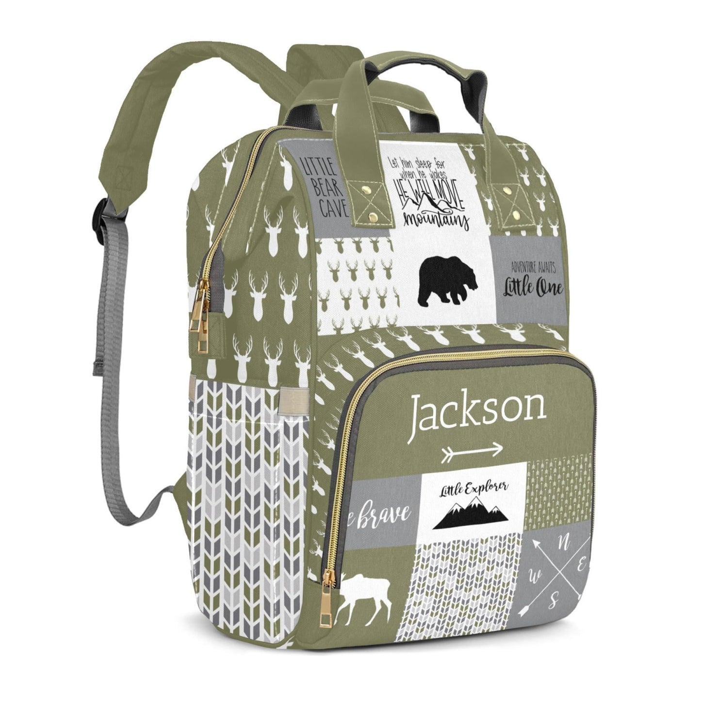 Perarts Woodland Bear Personalized Diaper Bag Backpack for Baby Boy with Name, Sage Green Custom Nappy Nursing Bag for Moms Dads
