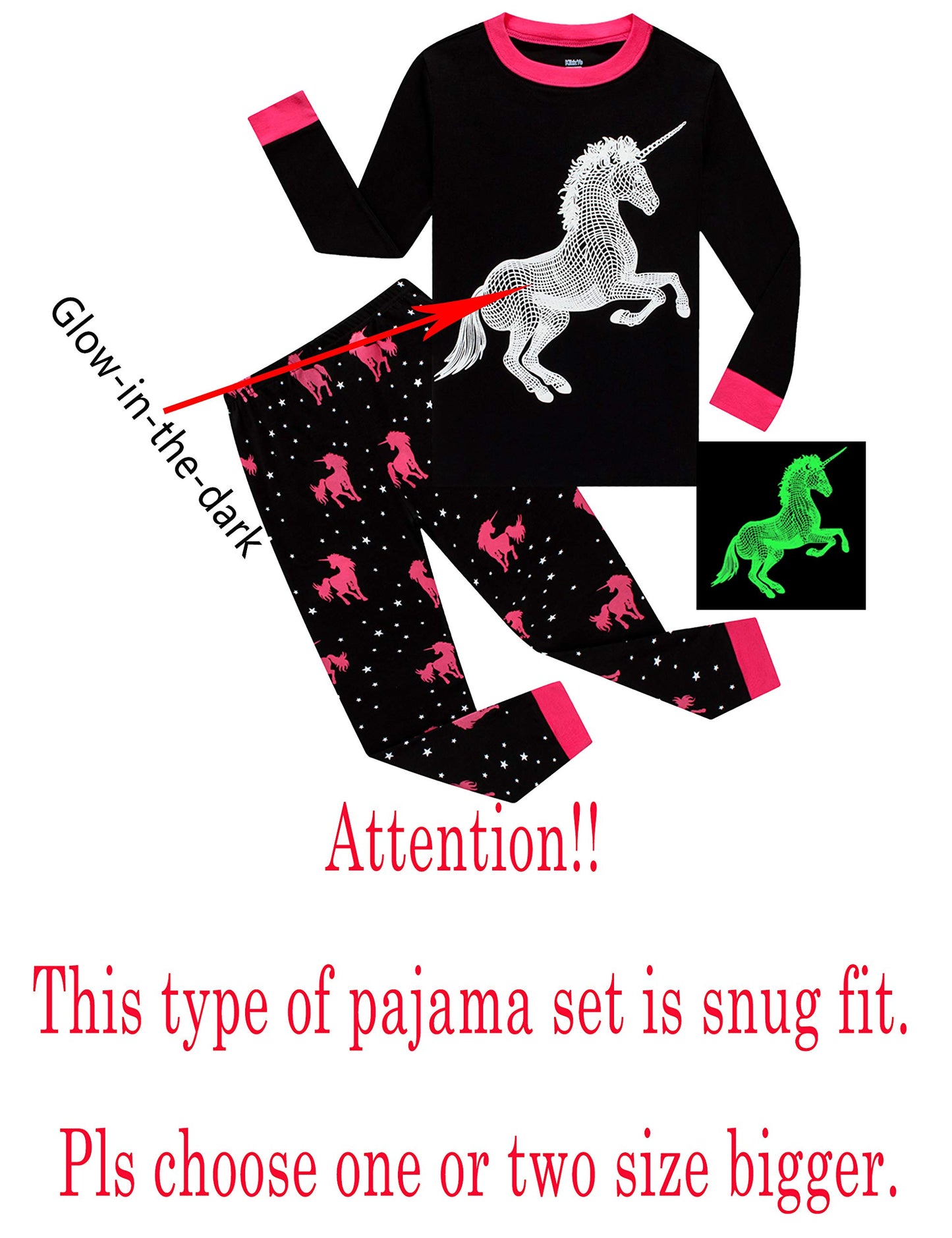 Glow In The Dark Unicorn Big Girl Pajamas For Kids Cotton Pjs Size 10