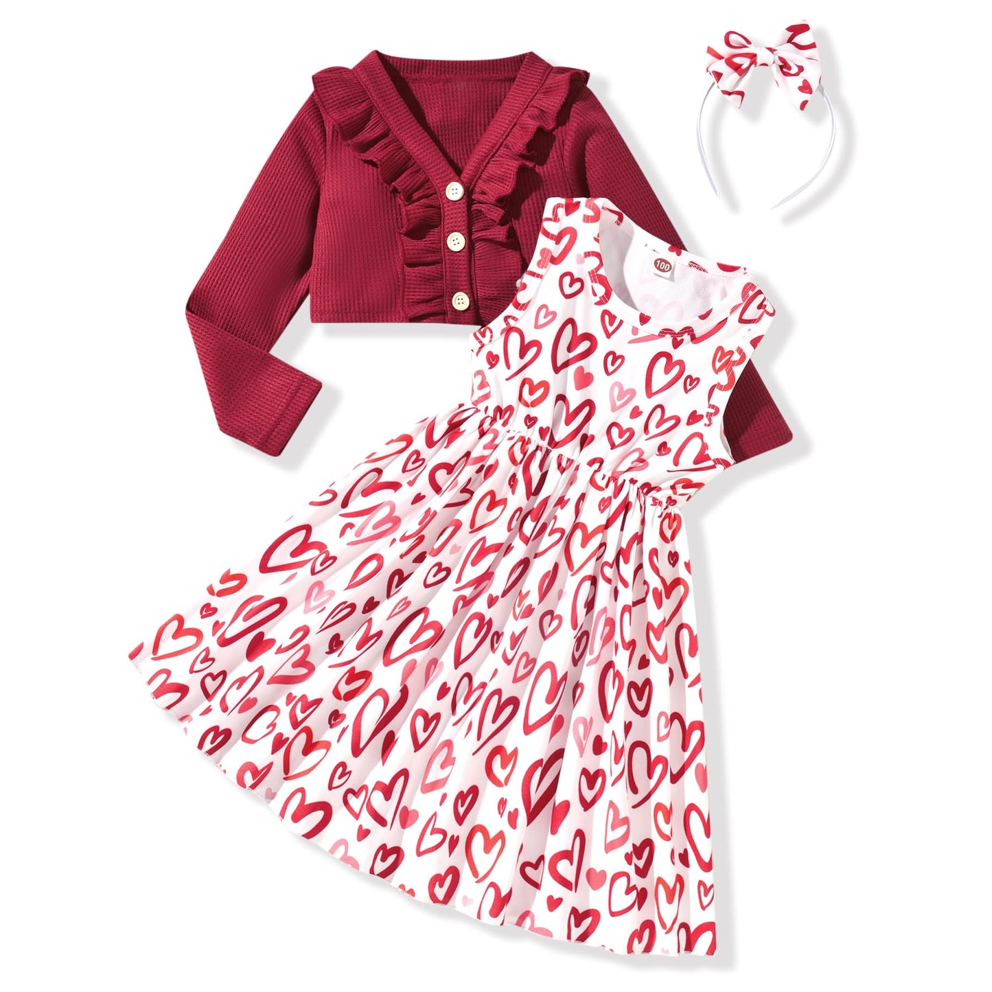 Hintina 3T Toddler Little Girls Valentines Day Dress Outfits Red Heart Sleeveless Sundress With Long Sleeve Waffle Cardigan Set