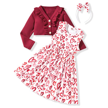 Hintina 3T Toddler Little Girls Valentines Day Dress Outfits Red Heart Sleeveless Sundress With Long Sleeve Waffle Cardigan Set