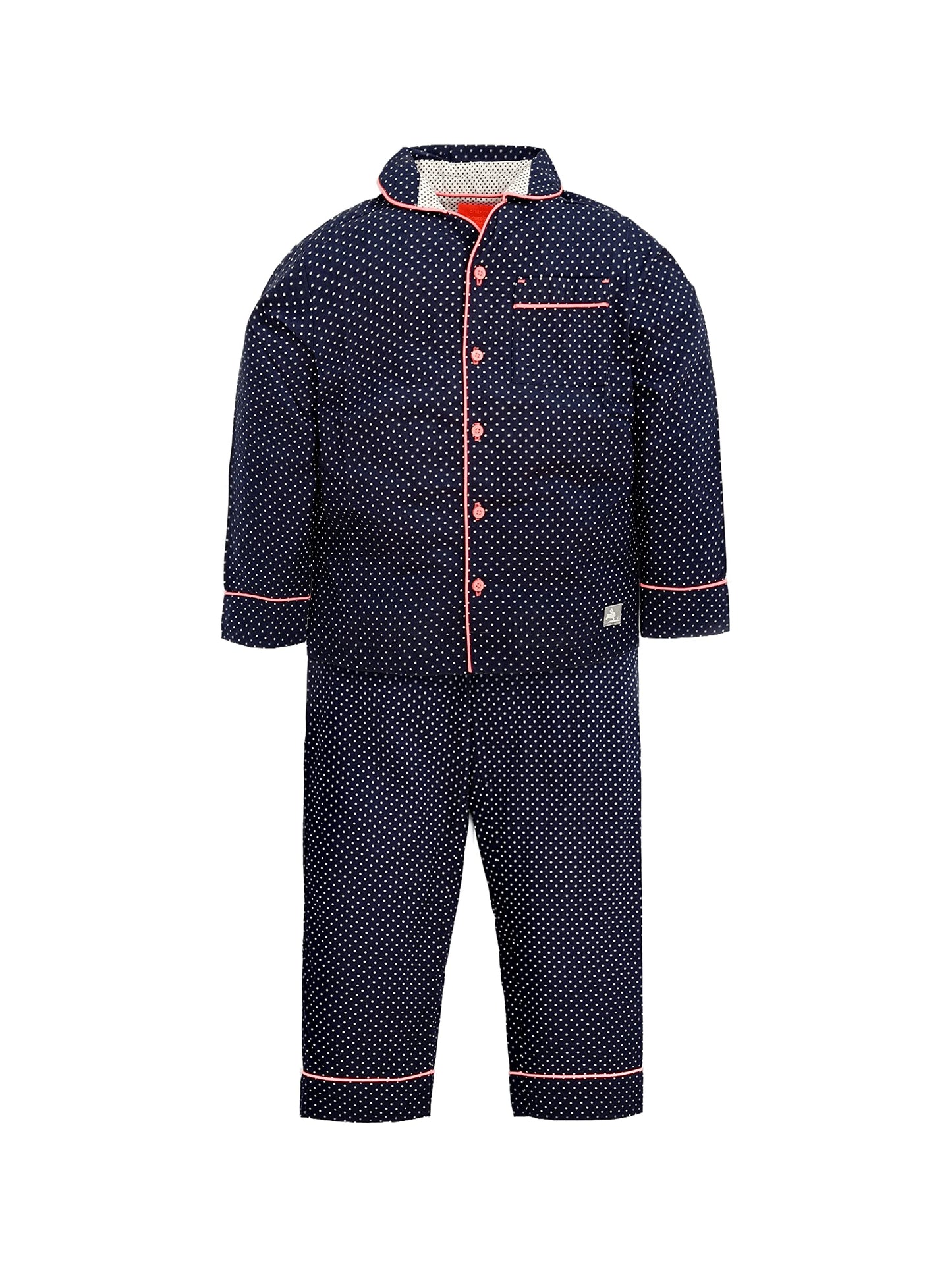 Cherry Crumble Navy Blue Printed 100% Cotton Full Sleeves Collar Neck Night Wear Regular Fit Summer Nightsuit for Boys and Girls