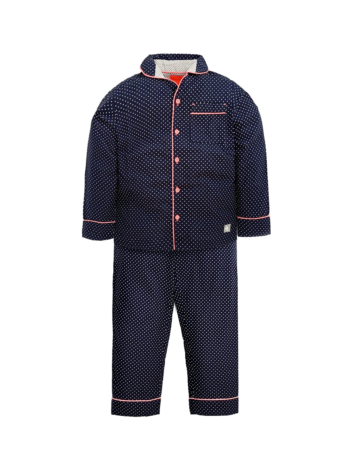Cherry Crumble Navy Blue Printed 100% Cotton Full Sleeves Collar Neck Night Wear Regular Fit Summer Nightsuit for Boys and Girls